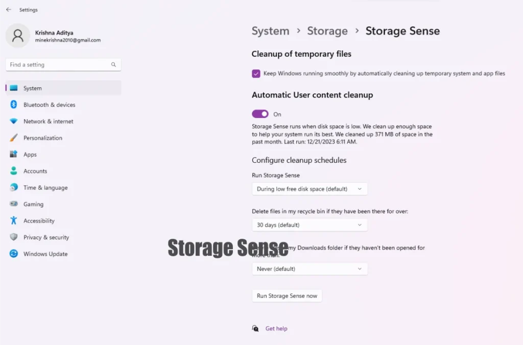 Wimdows 11 Storage sense